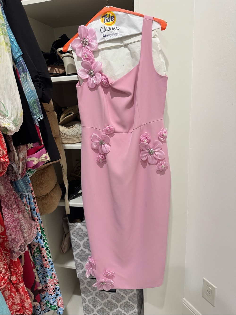 Designer inspired Chantelle 3D Pink Floral Appliqué Midi Dress